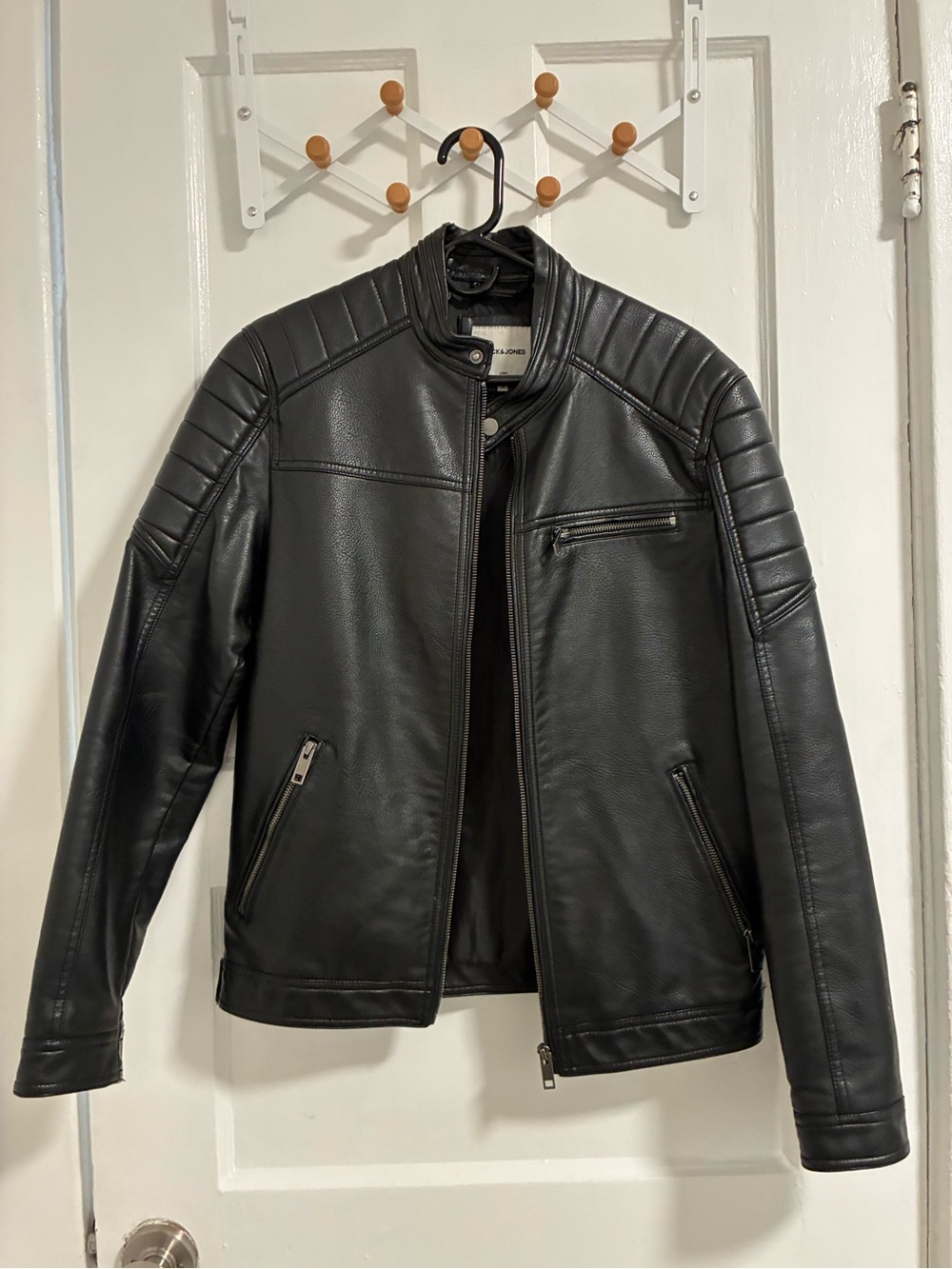 Jack & Jones Black Quilted-Shoulder Vegan Leather Bomber Jacket
